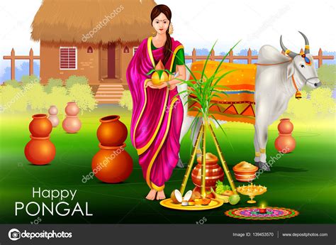 Everyone wear new clothes and dress to the finest. Happy Pongal festival of Tamil Nadu India background ...