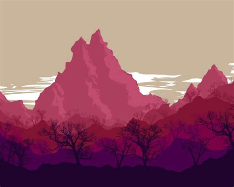 Silhouette Of Bared Trees And Pink Mountains Illustration Digital Art