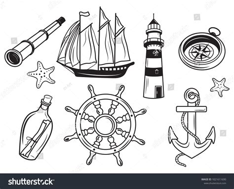 stylized nautical set collection items marine stock vector royalty free 1821611690 shutterstock