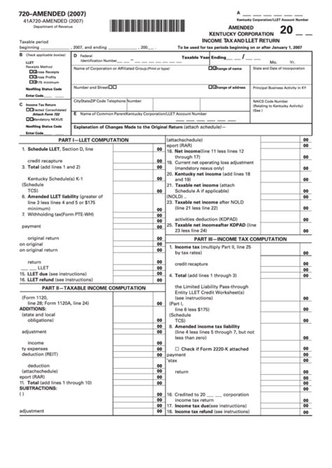 Fillable Form 720 Amended Kentucky Corporation Income Tax And Llet