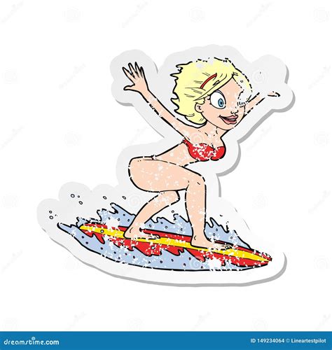 Retro Distressed Sticker Of A Cartoon Surfer Girl Stock Vector Illustration Of Line Hand