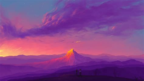 Wallpaper Digital Painting Landscape Mountains Sky Sunset