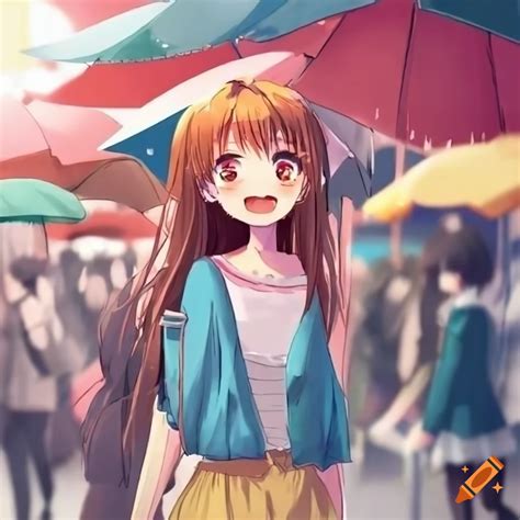 anime girls at a crowded book market on a rainy day