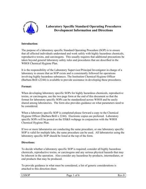 Laboratory Specific Standard Operating Procedures Pdf