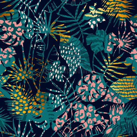 Trendy Seamless Exotic Pattern With Palm Animal Prints And Hand Drawn