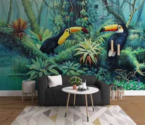 Forest Wallpaper Toucan Wall Mural Watercolor Rainforest Wall Art