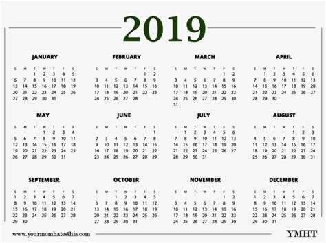 2019 Calendar Transparent Green Design Printable 2019 One Page