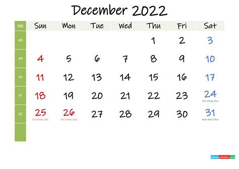 Free December 2022 Printable Calendar With Holidays Template K22m384
