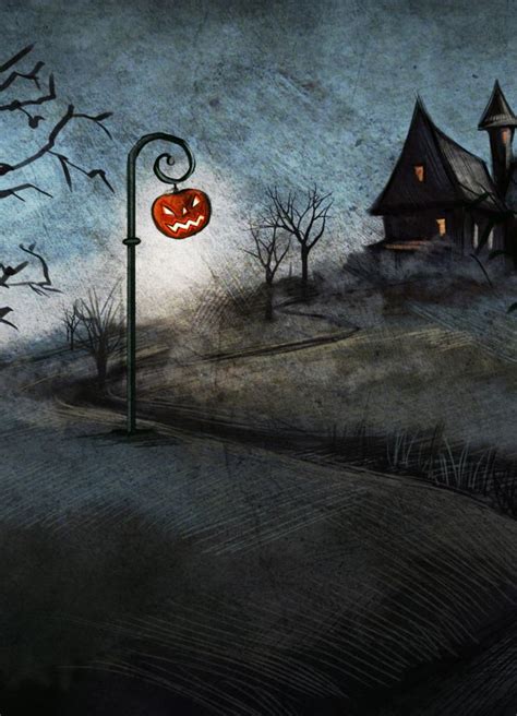 A Halloween Scene With An Orange Pumpkin On A Street Light In The