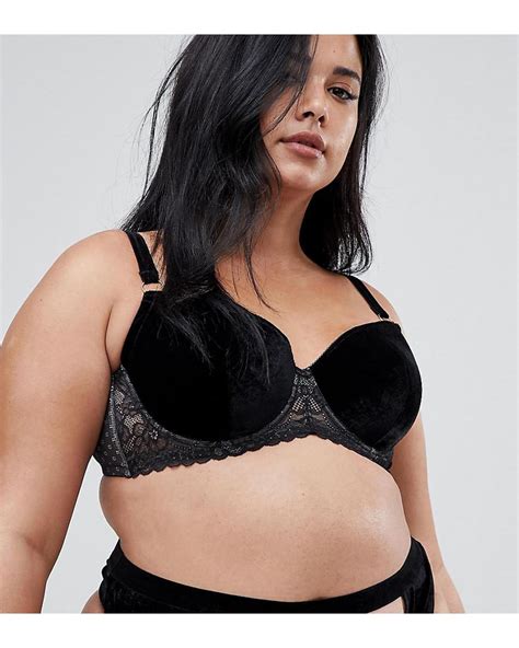 Asos Asos Design Curve Emma Velvet And Lace Padded Plunge Underwire Bra In Black Lyst