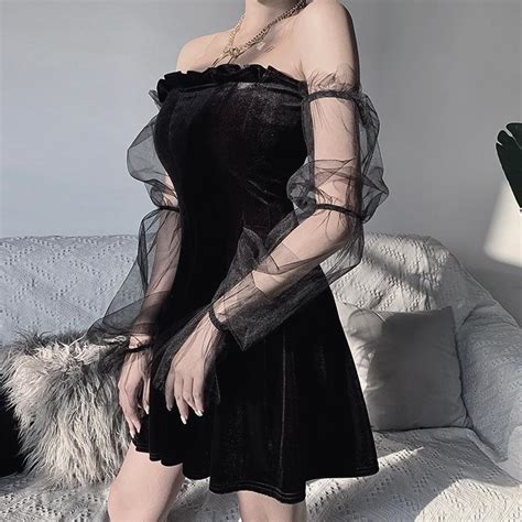 2021 Gothic Sexy Dress Vintage Off Shoulder Lantern Sleeve Mesh Patchwork Velvet Mini Dress Dark