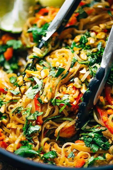 Rainbow Vegetarian Pad Thai With Peanuts And Basil Recipe Pinch Of Yum