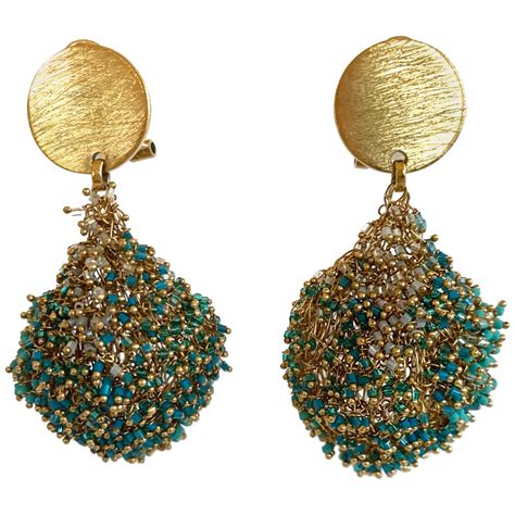 Milena Zu Woven Brass Plated Gold And Turquoise Pierced Earrings At 1stdibs