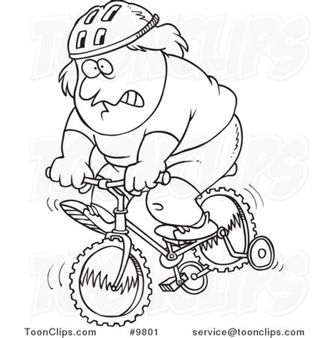 Cartoon Black And White Line Drawing Of A Chubby Guy Riding A Bike With