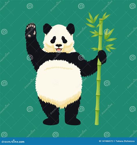 Giant Panda Standing On Hind Legs Holding Bamboo Branch Smiling And