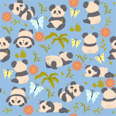 Seamless Pattern With Cute Pandas Vector Graphics Stock Illustration