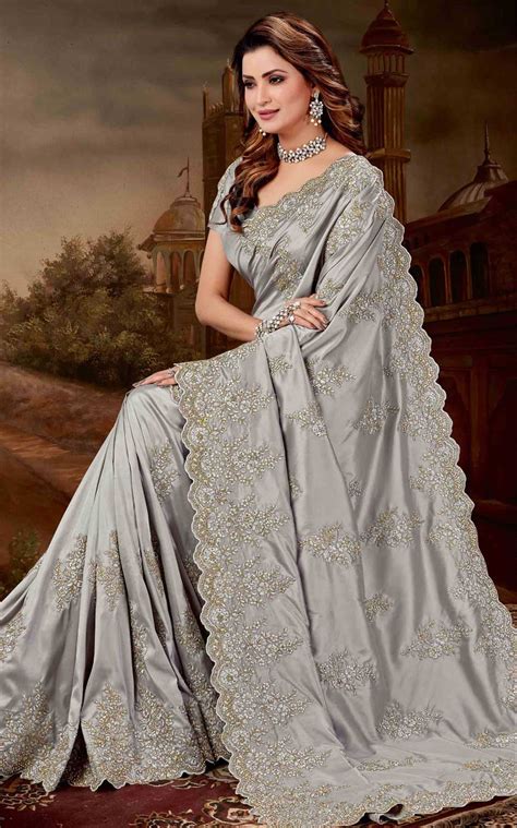 Traditional Silver Color Satin Silk Silk Fabric Saree 1611458
