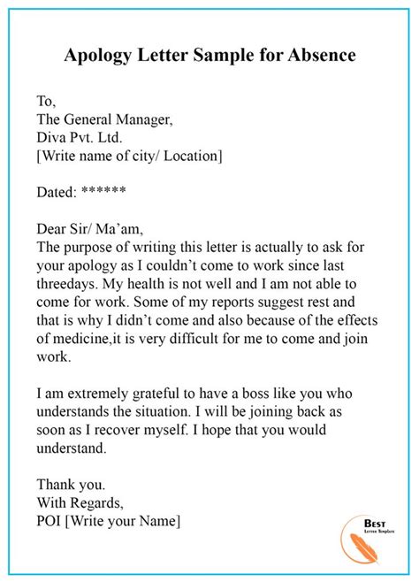 Apology Letter Template For Absence Format Sample And Example Best