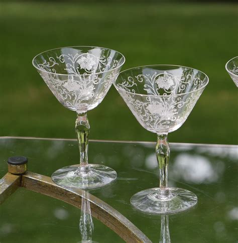 5 Vintage Etched Crystal Cocktail Martini Glasses Fostoria Woodland Circa 1922 Antique Floral