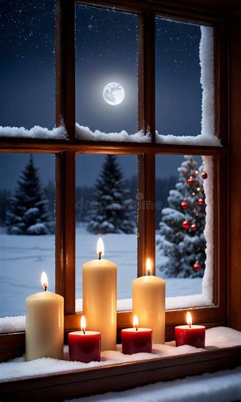 Christmas Candles And A Snowy Window Under The Soft Glow Of Moonligh