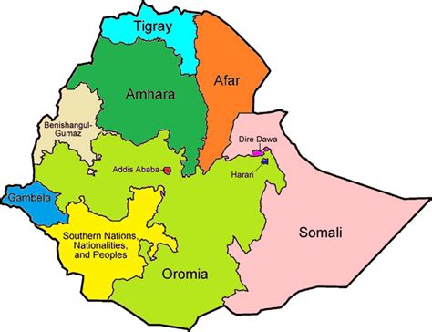 Geographic Map Of Ethiopia That Shows Regions And Chartered Cities