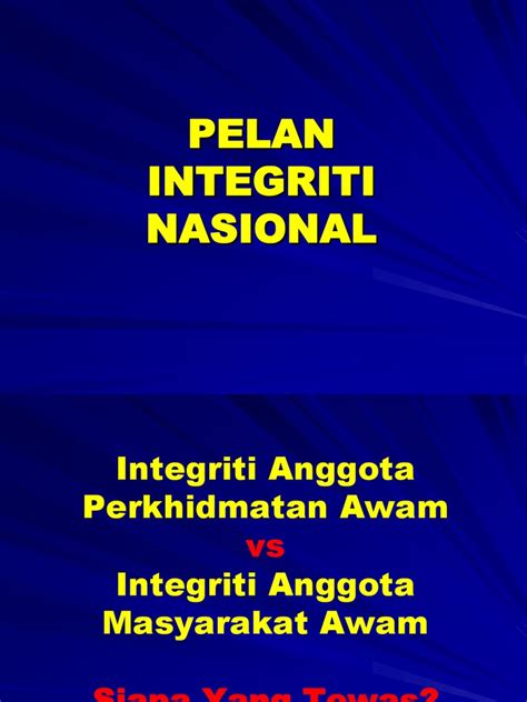 Kejujuran, keutuhan, keadaan yang sempurna dan utuh kualiti unggul yang wujud secara keseluruhan dan melaksanakan tugas dengan ikhlas mampu merancang p&p yang terbaikpelan integriti nasional (pin)objektif umum PELAN INTEGRITI NASIONAL