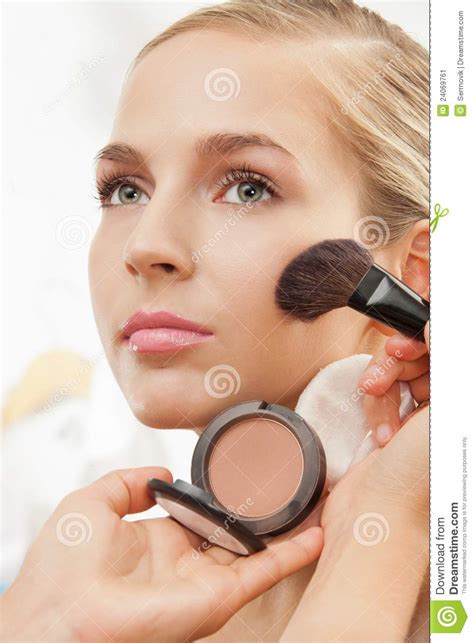 Makeup Artist Apply Blush On Cheeks Stock Image Image Of