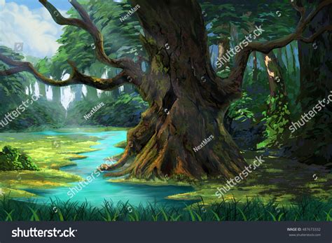 Ancient Tree Forest By Riverside Video Stock Illustration 487673332