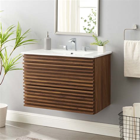 Render 30 Wallmount Bathroom Vanity Walnut White By Modway