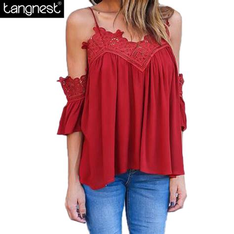 Tangnest Sexy Shoulder Hollow Out Lace Patchwork T Shirt 2017 Fashion Solid Beach Casual Tops