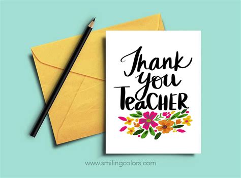 6 FREE Thank You Teacher Printable Cards Smiling Colors