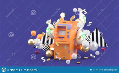Orange Atm Among The Money And Colorful Balls On The Purple Background