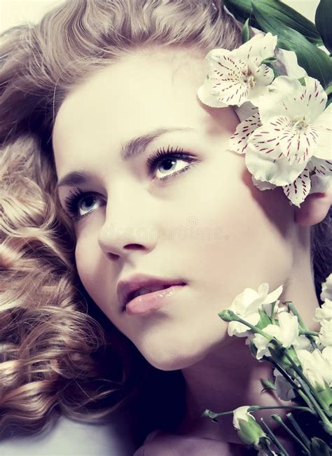 Portrait Young Woman Face With Flowers Stock Photo Image Of Care