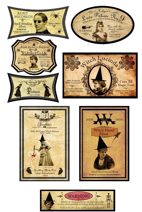 Assorted Halloween Witch Apothecary Bottle Label Glossy Paper Set Of 8