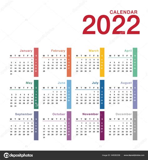 Ano Colorido 2022 Calendário Modelo Design Vetorial Horizontal Design