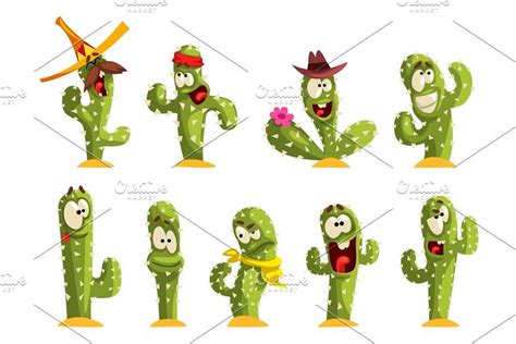 Cute Cactus Cartoon Characters Set Cacti Activities With Different