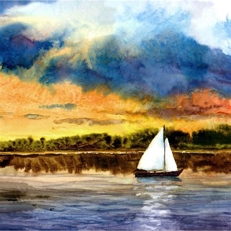 Sailboat Painting Watercolor Print Seascape At Sunset Clouds