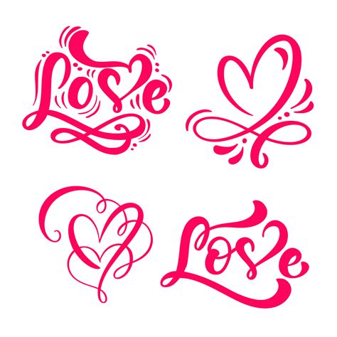 Set Of Red Calligraphy Word Love And Hearts 375260 Vector Art At Vecteezy