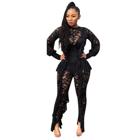 Sexy Black Long Sleeve Lace Jumpsuit Women See Through Ruffle Party One