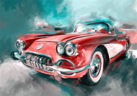 Retro Car Painting Red Vintage Car Print Toddler Room Wall Etsy 2022