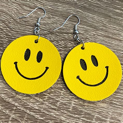 Faux Leather Earrings Yellow Black Smiley Face Emoji Layered Etsy