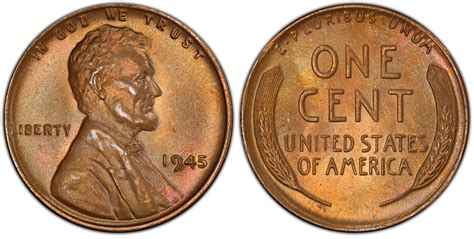 1945 1c Bn Regular Strike Lincoln Cent Wheat Reverse Pcgs Coinfacts