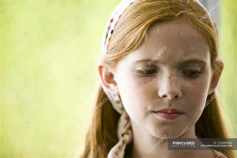 Portrait Of Sad Ginger Girl With Freckles Looking Away — Outdoors Hair