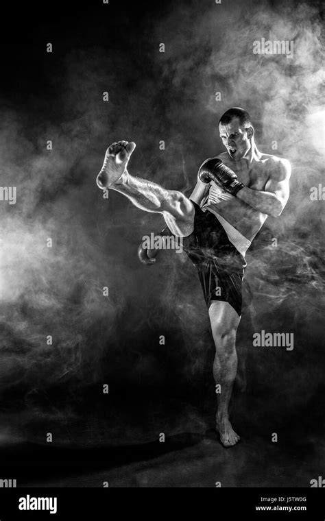Happy Winning Mixed Martial Arts Fighter Punching In Smoke Stock Photo