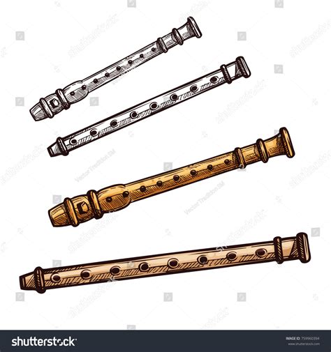 Flute Musical Instrument Isolated Sketch Wooden Stock Vector Royalty