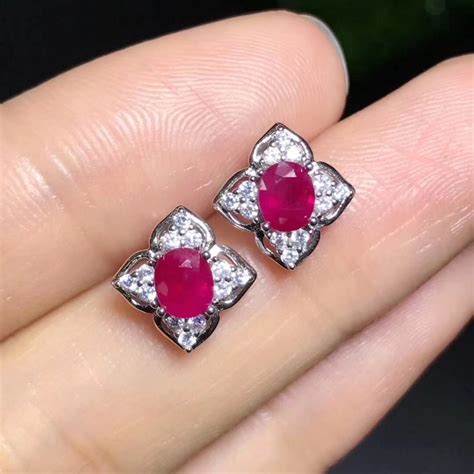 Natural Ruby Stud Earring Free Shipping Original Real Ruby Sterling