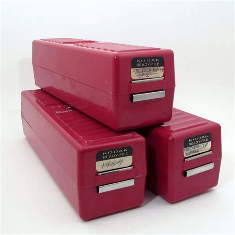 Set Of 3 Red Kodak Ready File Slide Boxes Industrial Storage Mid Century Organization