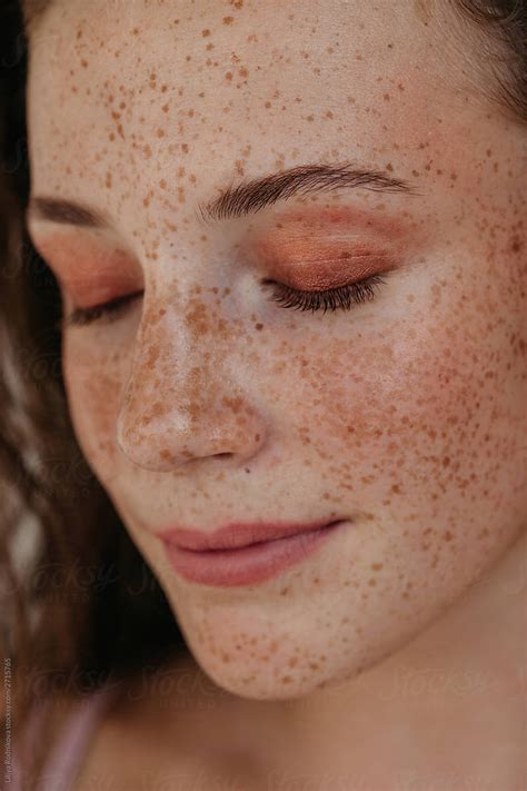 Stock Natural Beauty Photo Of Young Woman With Freckles On Her Face With Delicate Make Up