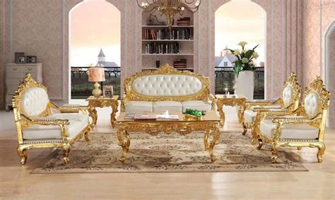 Royal Look Golden Finish Leather Sofa Set In 2021 Carved Sofa