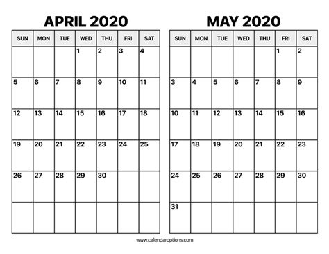 April And May 2020 Calendar Calendar Options